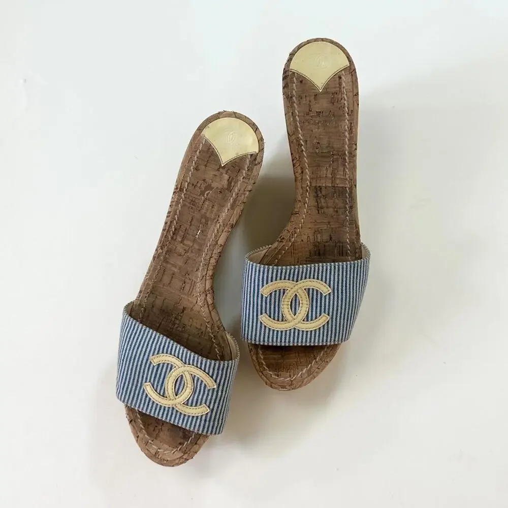 Y2k chanel cruise blue striped cork wedges